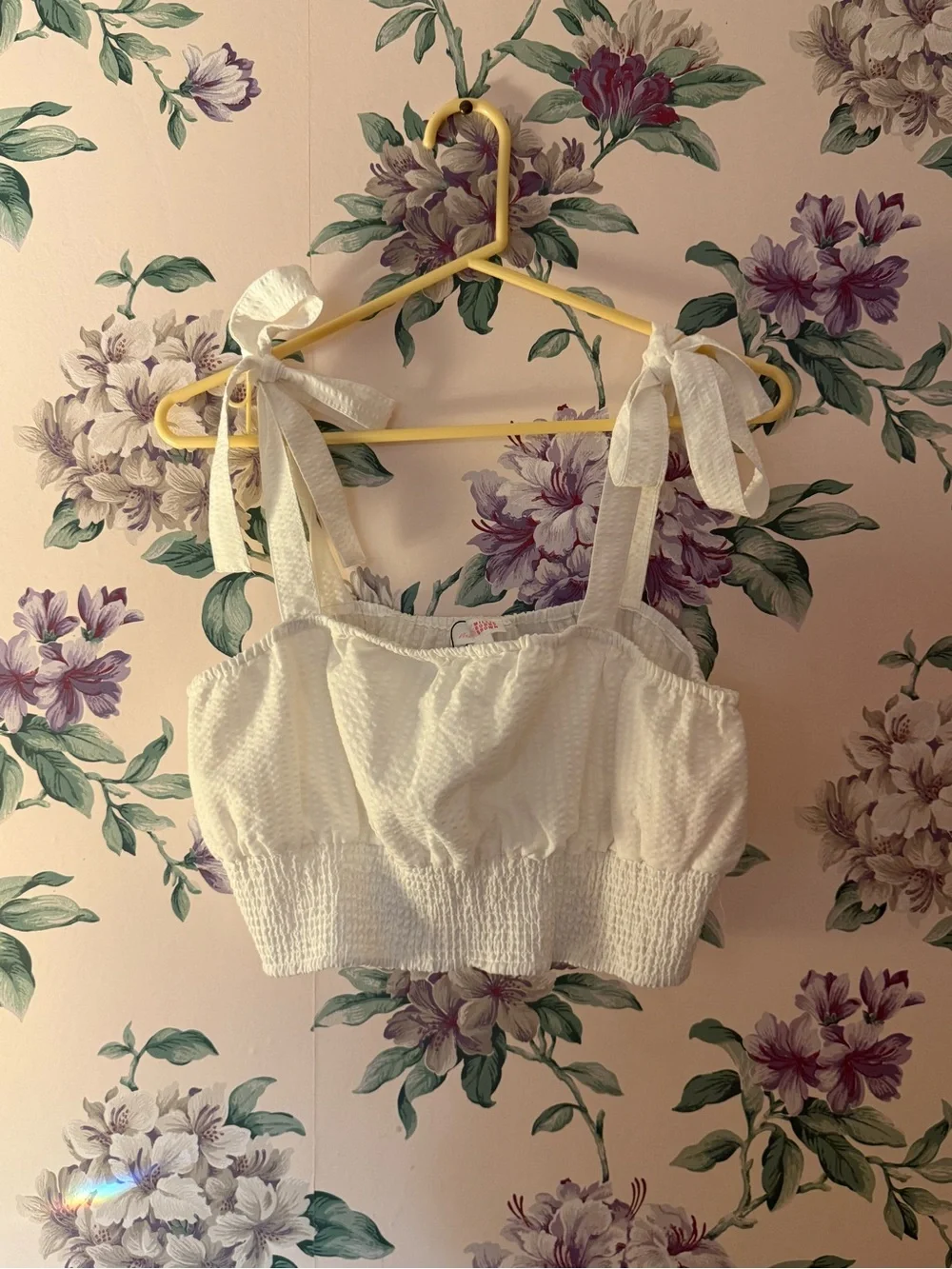 White Tie-Shoulder Smocked Bandeau Crop Top